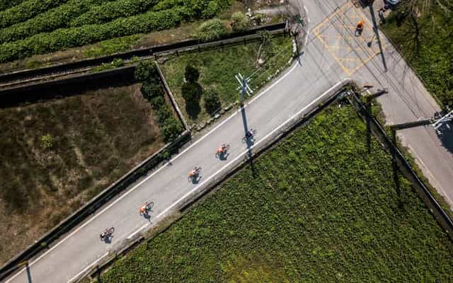 Aerial view of cyclists riding through Taiwan's green rift valley farmland