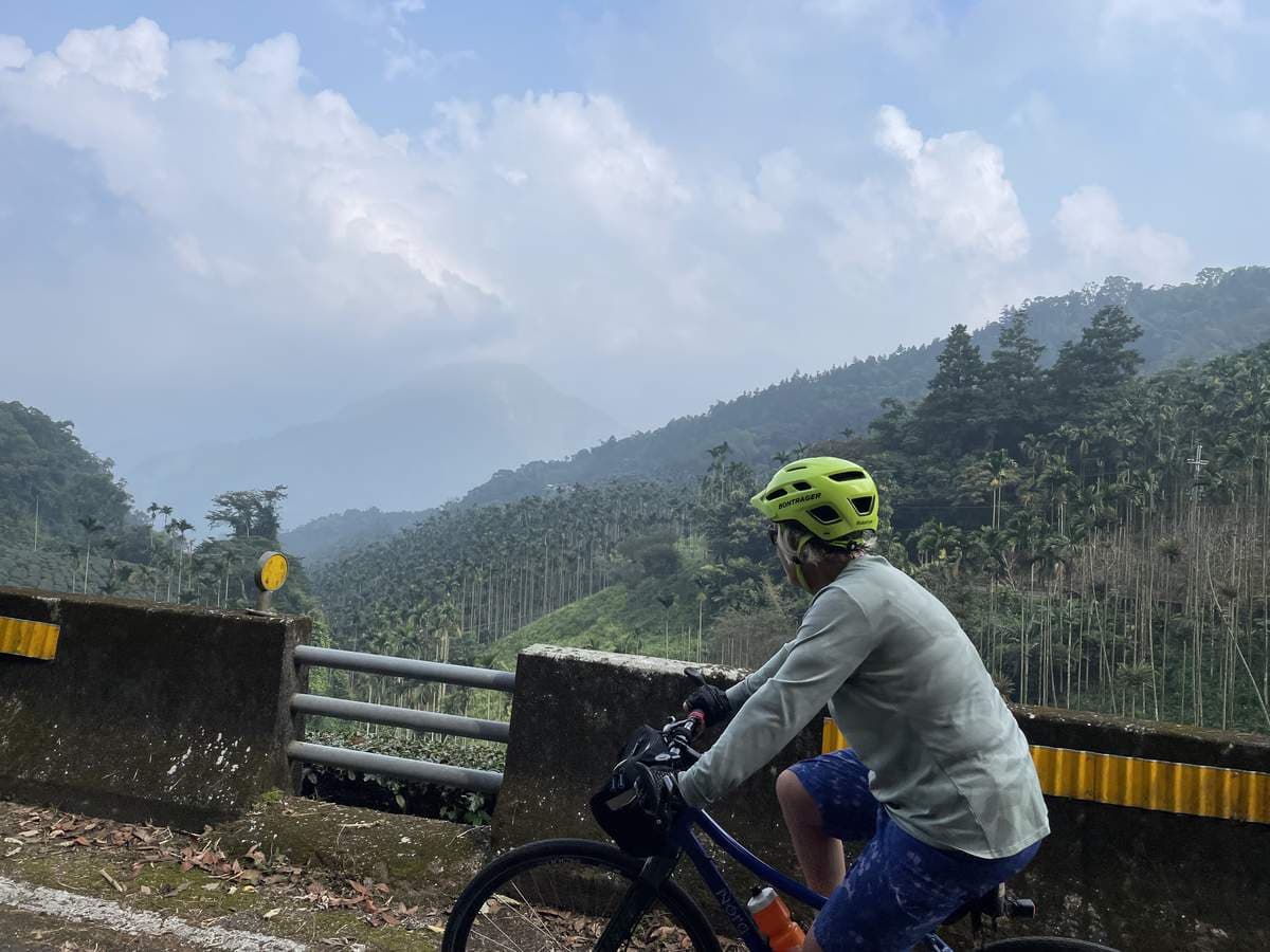 Solo cyclist on a flat-bar e-bike paused on a mountain road in central Taiwan, looking out over a forested valley toward a distant peak